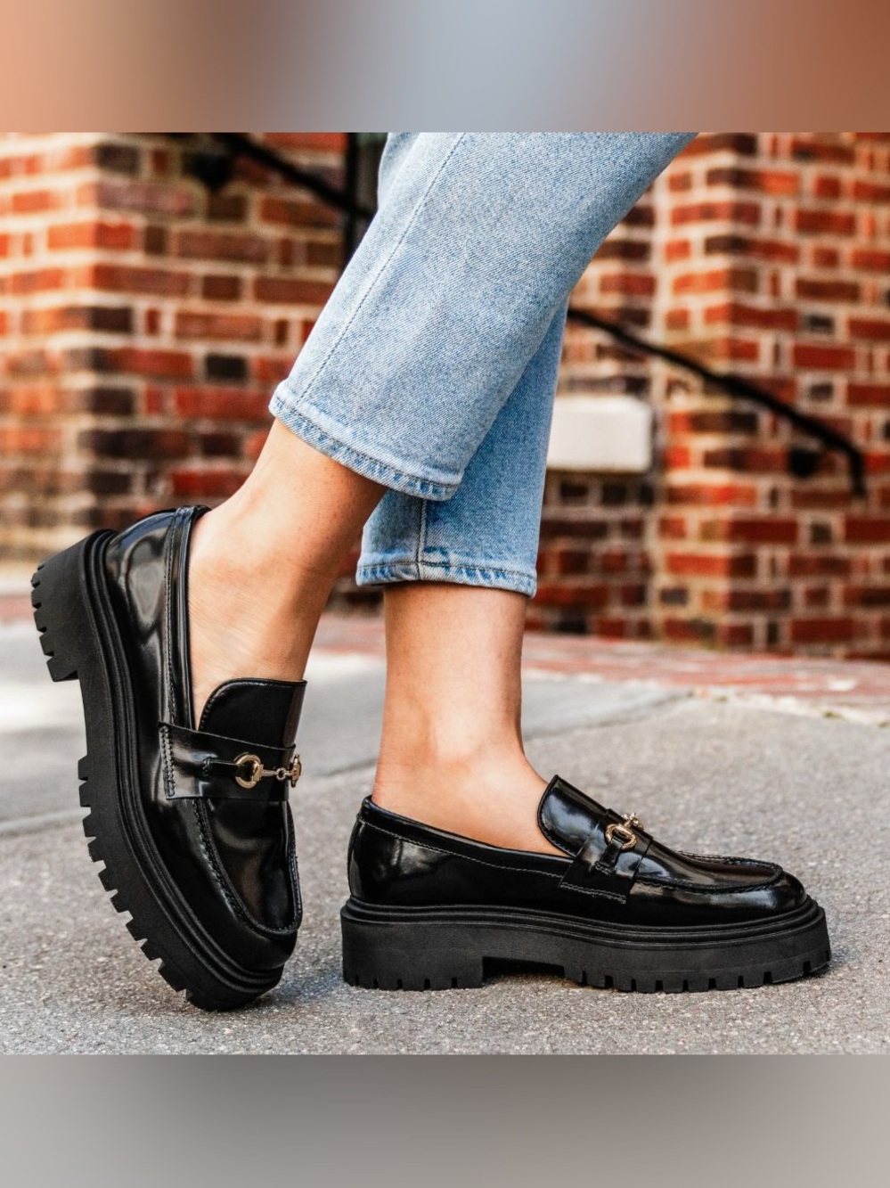 Thursday Boot Company Black Patent Platform Loafers with Gold Bit
